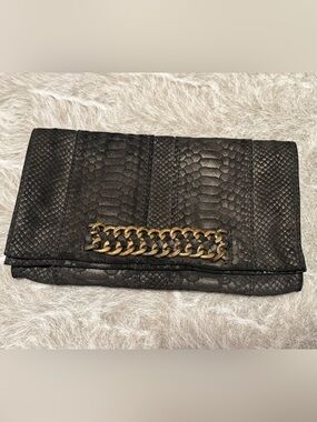 Ramy Brook Emma Black Textured Snake-Embossed Clutch with Gold Chain